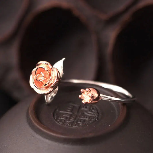 Bague ouverte fleur rose en argent sterling 925