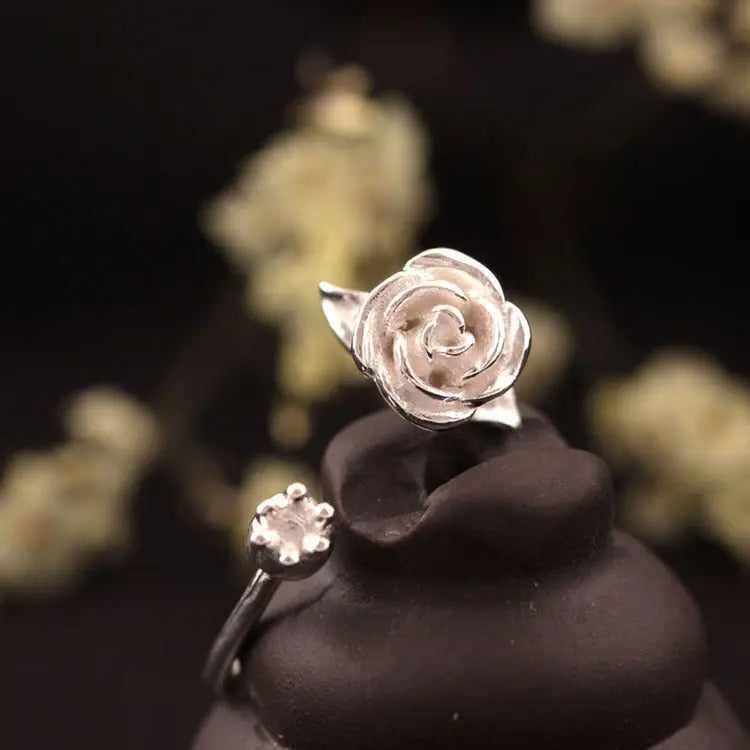 925 Sterling Silver Rose Flower Open Ring