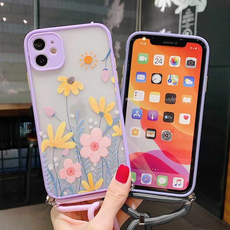 Étui de téléphone avec lanière florale de lavande pour iPhone XSMAX