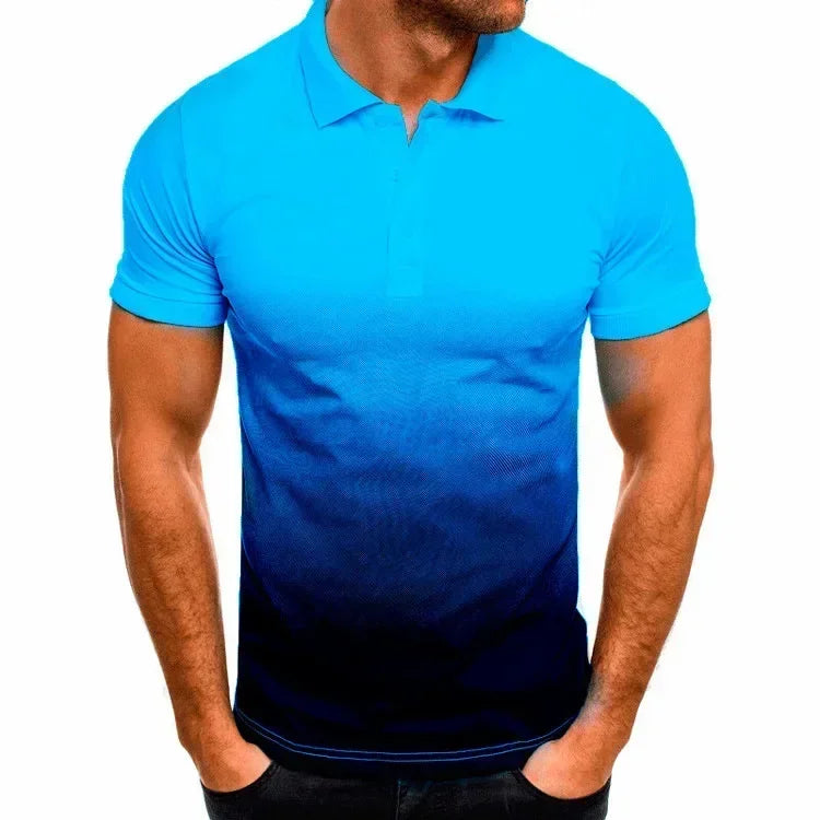men's short-sleeve 3d gradient lapel sports polo shirt, men's gradient polo shirt, short-sleeve sports polo for men, men's 3d design polo shirt, casual lapel polo t-shirt men, men's athletic short-sleeve polo, stylish gradient polo for men, breathable sports polo shirt, trendy men's short-sleeve polo, men's summer polo t-shirt