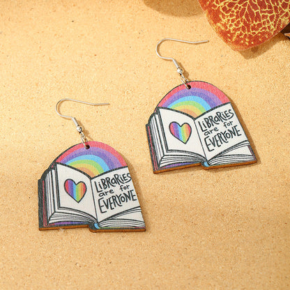 Women Geometric Rainbow Book Earrings Wooden