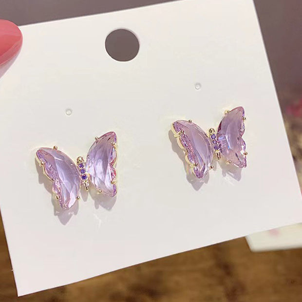 Temperament Purple Transparent Crystal Butterfly Earrings For Women
