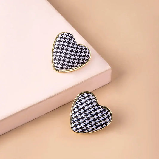 Chic Houndstooth Heart Corduroy Stud Earrings