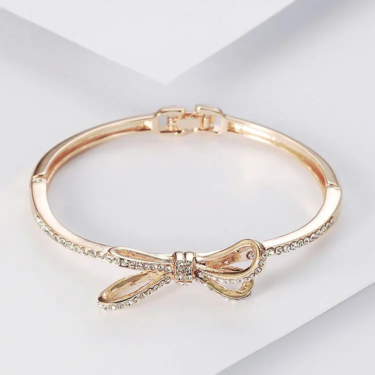 Diamond & Bow Rose Gold Bracelet - Elegant Women's Jewelry