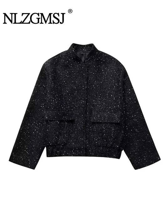 Veste à paillettes dorées Y2K pour femme – Manteau court de style urbain