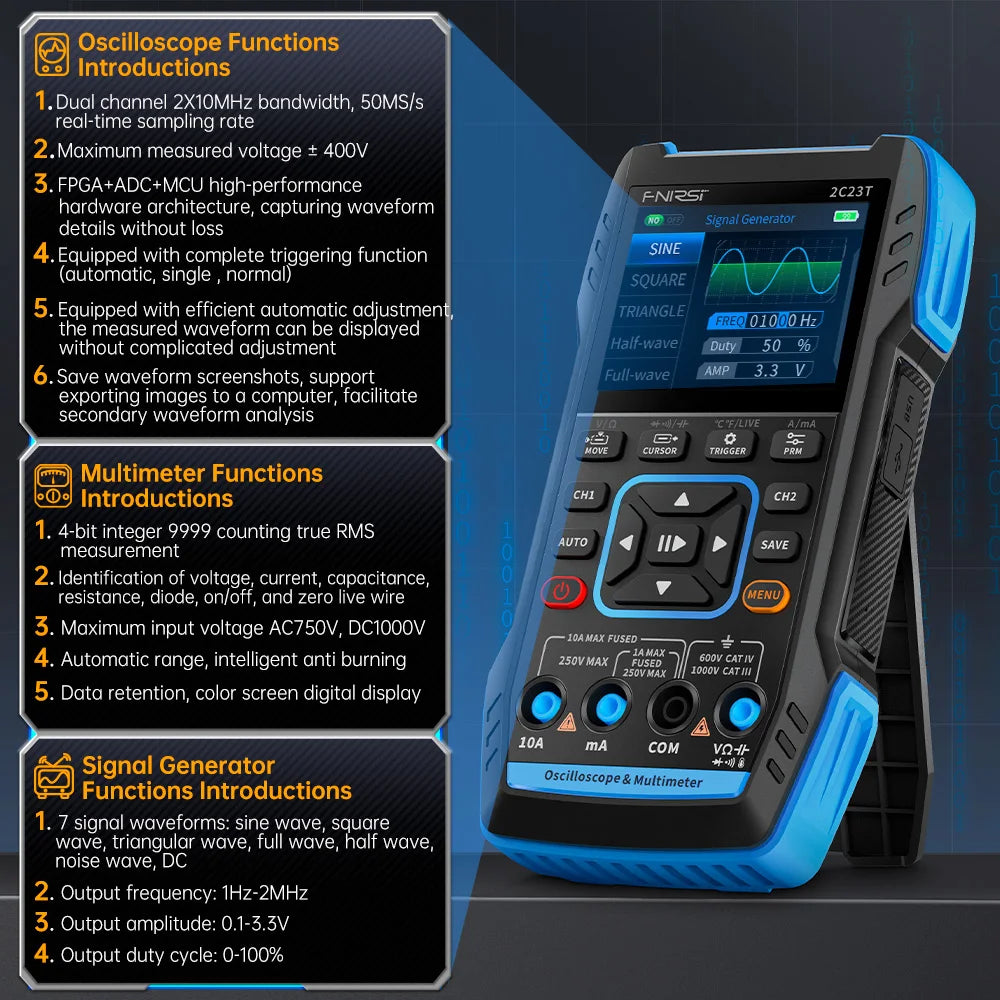 Dual Channel Oscilloscope Multimeter & Signal Generator - FNIRSI 2C23T