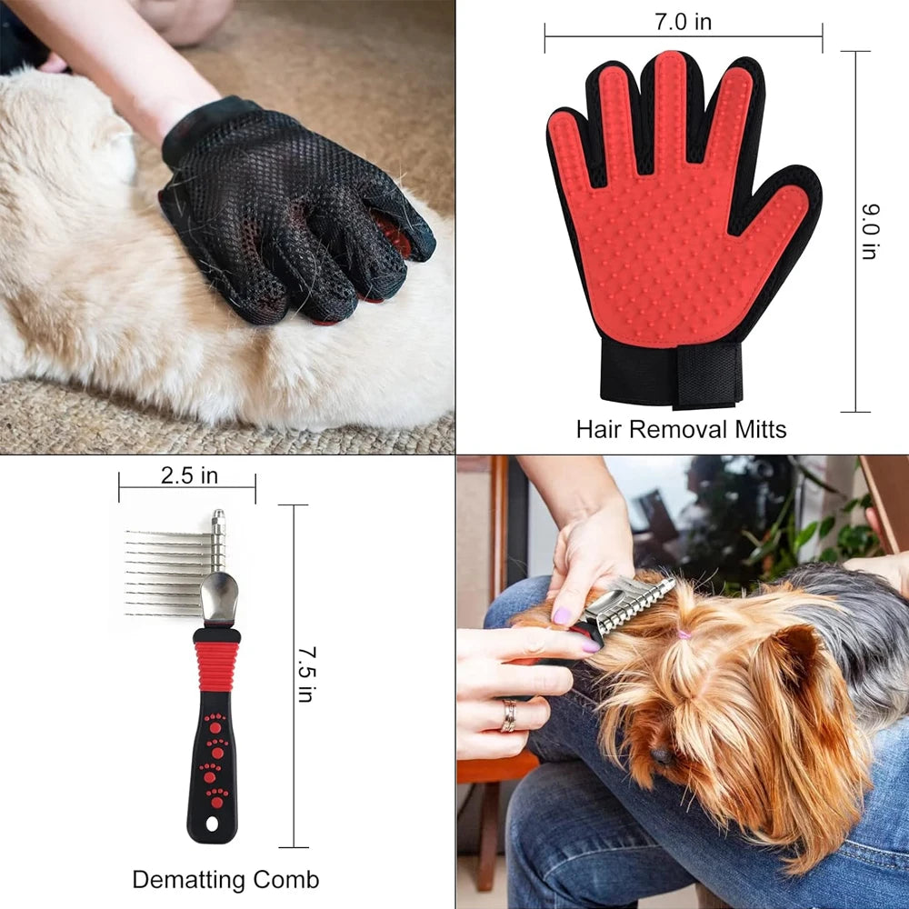 Pet Cleaning Grooming Tool Kit + Hair Removal Brush + Nail Clipper File Flea Combs