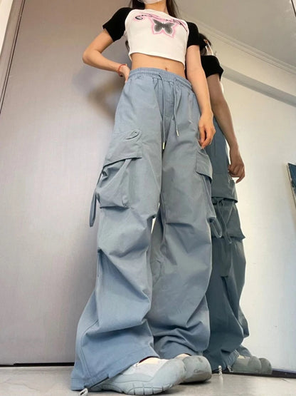 Pantalon cargo taille haute Y2K pour femme - Style streetwear décontracté - Grandes poches