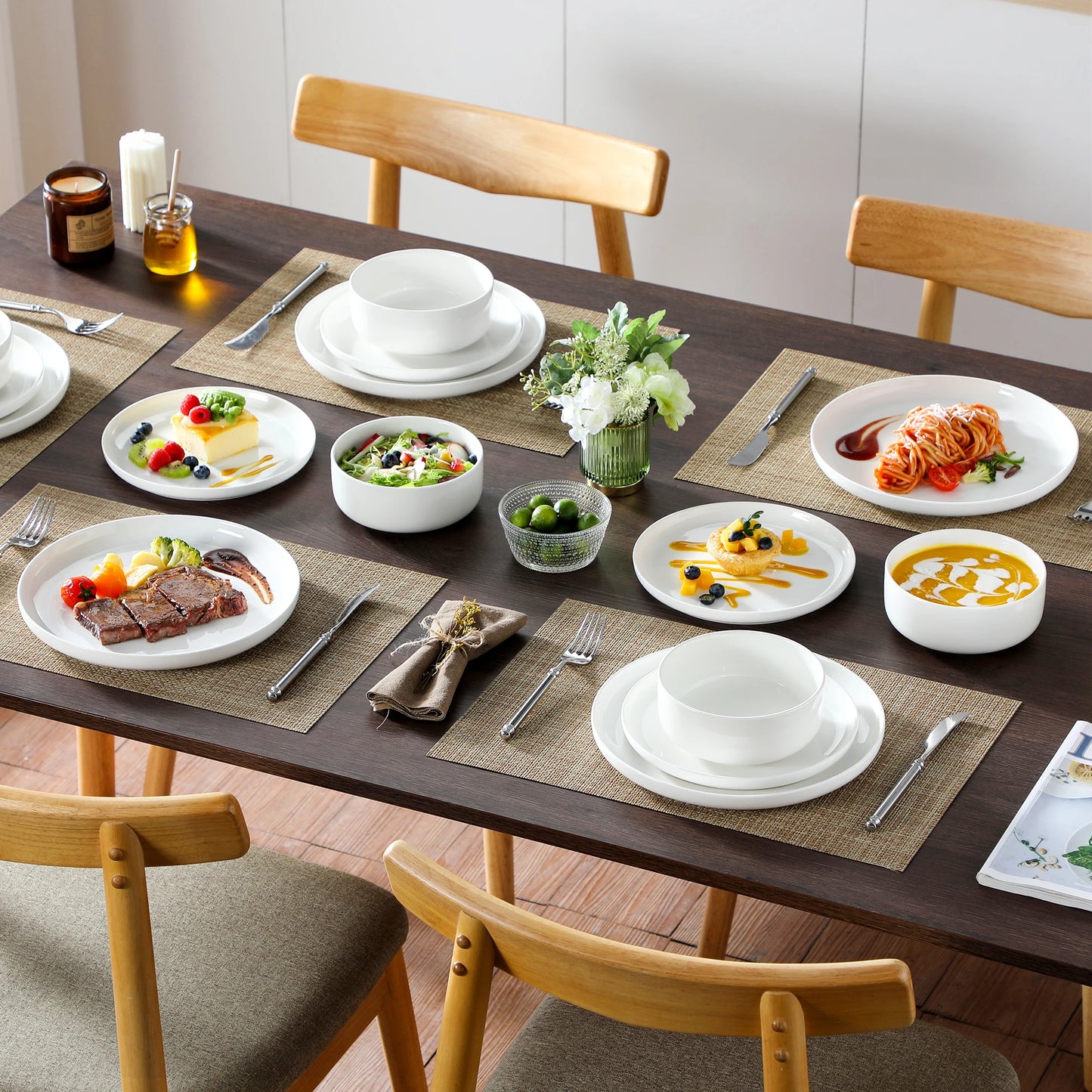 Ensembles d'assiettes et de bols, 12 pièces, vaisselle en porcelaine