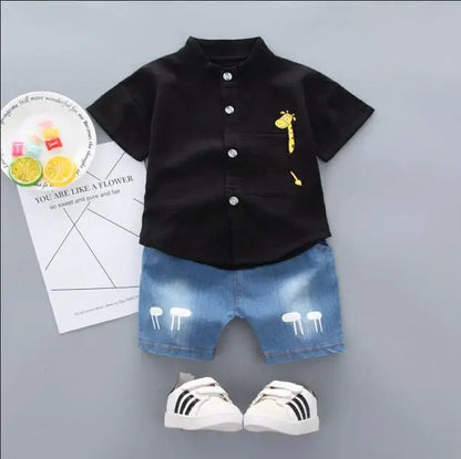 baby boys' cartoon shirt & denim shorts, baby boys cartoon outfit, toddler boys denim shorts set, baby boys summer clothes, cartoon print shirt with shorts, baby boys casual outfit, baby boys clothing set, cute baby boys outfit, toddler boys cartoon shirt, baby boys stylish denim set
