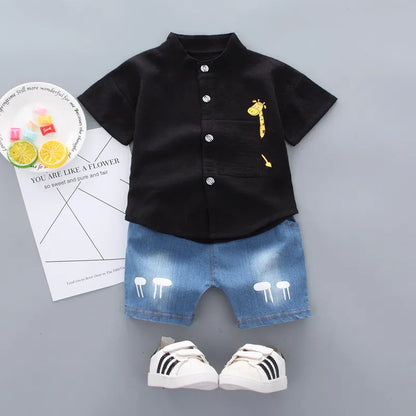 baby boys' cartoon shirt & denim shorts, baby boys cartoon outfit, toddler boys denim shorts set, baby boys summer clothes, cartoon print shirt with shorts, baby boys casual outfit, baby boys clothing set, cute baby boys outfit, toddler boys cartoon shirt, baby boys stylish denim set
