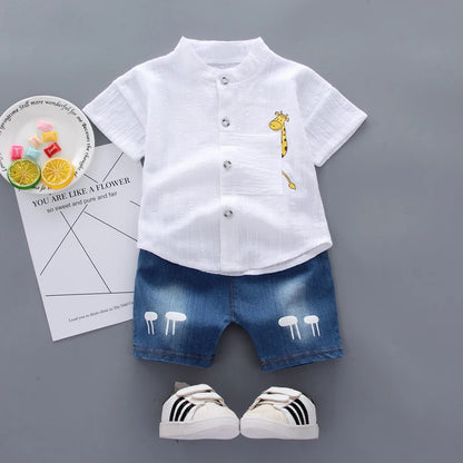 baby boys' cartoon shirt & denim shorts, baby boys cartoon outfit, toddler boys denim shorts set, baby boys summer clothes, cartoon print shirt with shorts, baby boys casual outfit, baby boys clothing set, cute baby boys outfit, toddler boys cartoon shirt, baby boys stylish denim set
