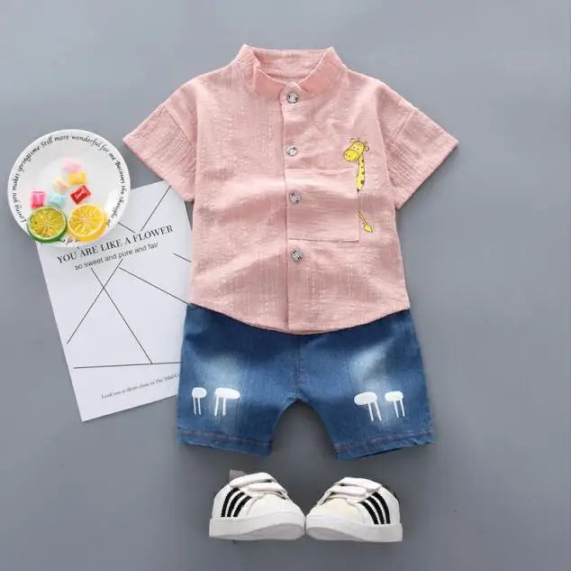 baby boys' cartoon shirt & denim shorts, baby boys cartoon outfit, toddler boys denim shorts set, baby boys summer clothes, cartoon print shirt with shorts, baby boys casual outfit, baby boys clothing set, cute baby boys outfit, toddler boys cartoon shirt, baby boys stylish denim set
