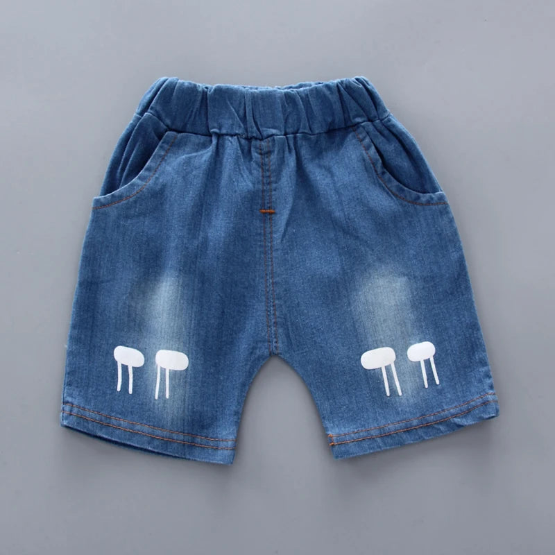 baby boys' cartoon shirt & denim shorts, baby boys cartoon outfit, toddler boys denim shorts set, baby boys summer clothes, cartoon print shirt with shorts, baby boys casual outfit, baby boys clothing set, cute baby boys outfit, toddler boys cartoon shirt, baby boys stylish denim set

