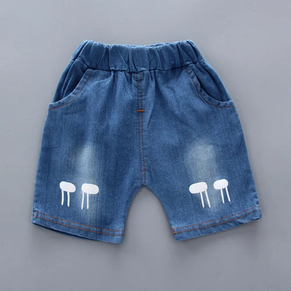 baby boys' cartoon shirt & denim shorts, baby boys cartoon outfit, toddler boys denim shorts set, baby boys summer clothes, cartoon print shirt with shorts, baby boys casual outfit, baby boys clothing set, cute baby boys outfit, toddler boys cartoon shirt, baby boys stylish denim set
