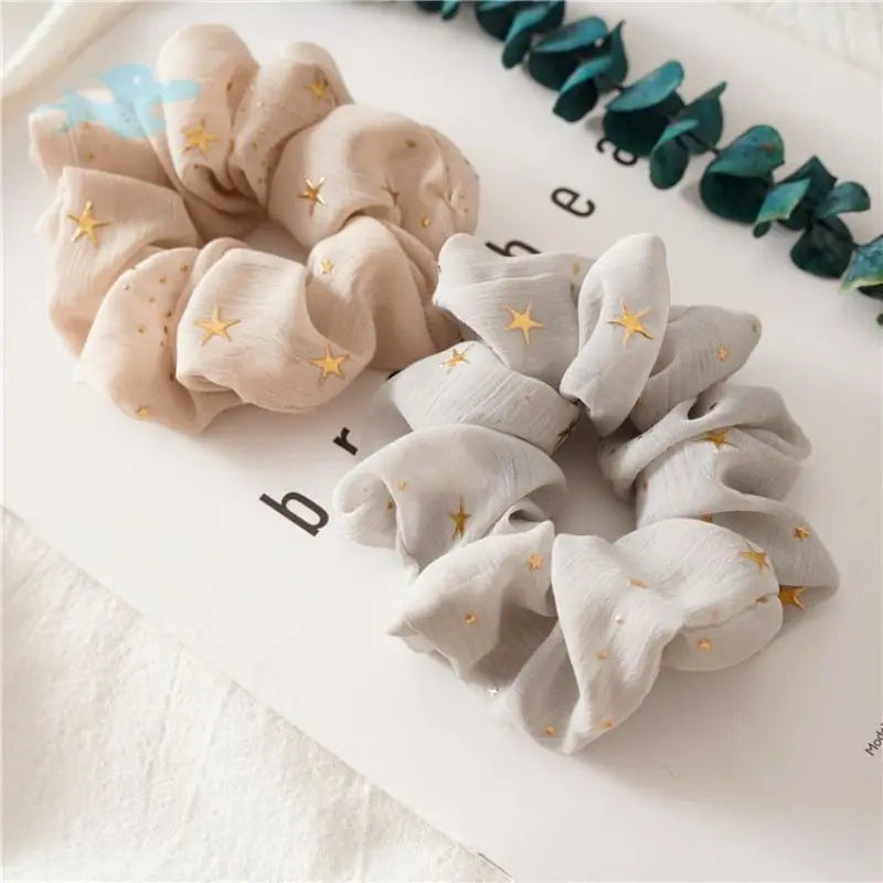 Gold Star Printed Chiffon Hair Scrunchies Elastic Band Hair Tie for Girls