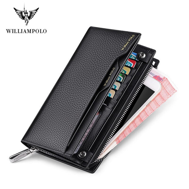 WilliamPOLO Male Genuine Leather Wallets Men Wallet Credit Business Card Holders Fashion Mobile Phone Bag Zipper Purse Handbag