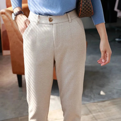 Women's High-Waisted Woolen Harem Pants - Casual Autumn/Winter Office Trousers