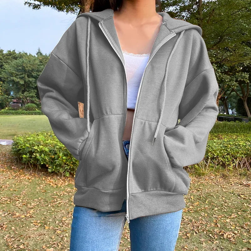 Gray Oversize Hooded Zip-Up Sweatshirt