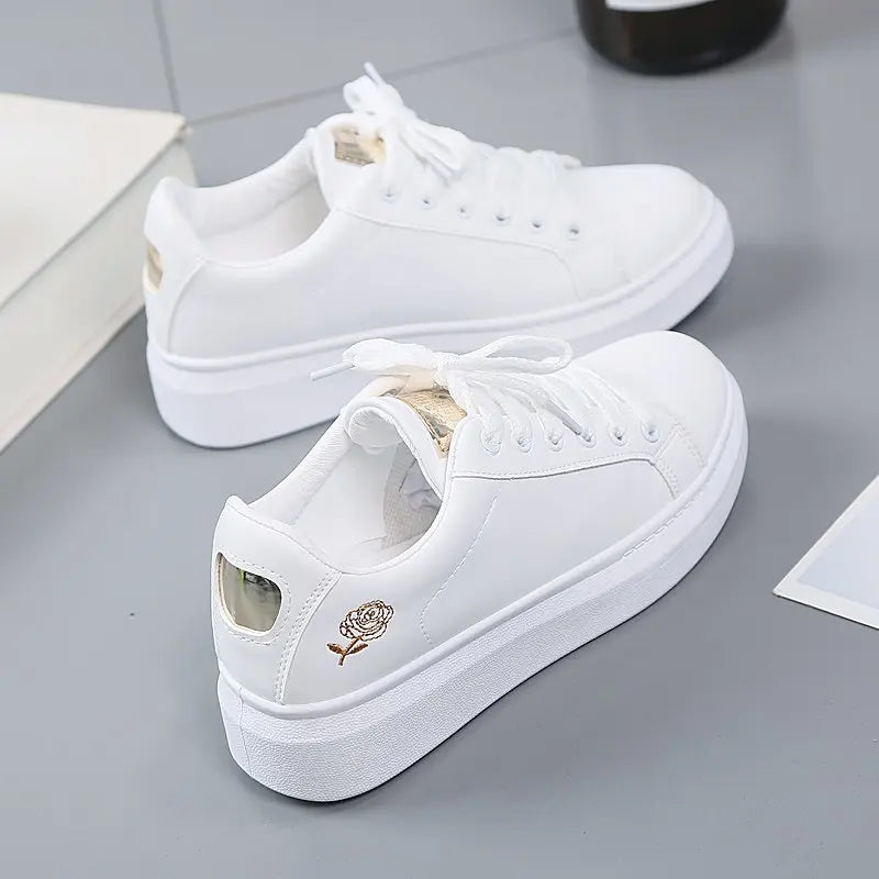 Autumn Rose Embroidery Thick Soled Leather Casual Shoes