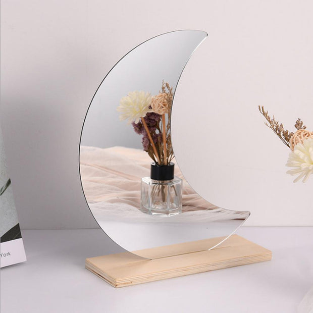 Moon-Shaped Frameless Acrylic Vanity Mirror with Wooden Stand