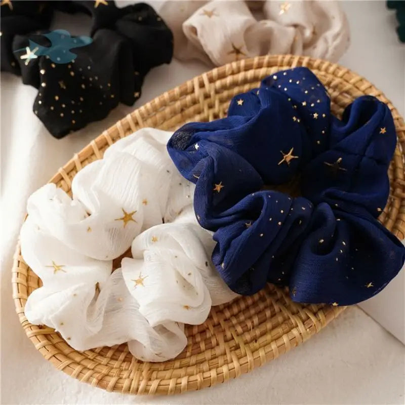 Gold Star Printed Chiffon Hair Scrunchies Elastic Band Hair Tie for Girls