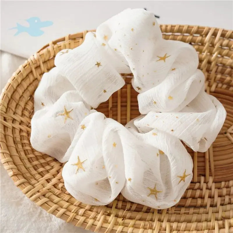 Gold Star Printed Chiffon Hair Scrunchies Elastic Band Hair Tie for Girls