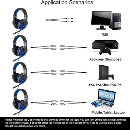 LED Light Wired Gaming Headphones Microphone, Bass Stereo Sound, for PC, PS4, PS5, Xbox - Gaming Headset