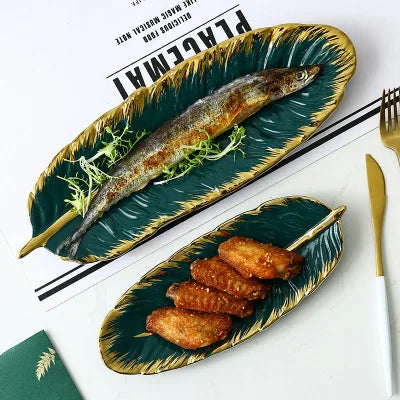 Golden Ceramic Rim Sushi Leaf Tray