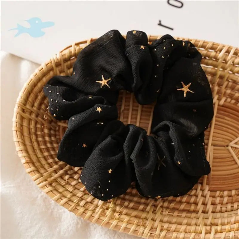 Gold Star Printed Chiffon Hair Scrunchies Elastic Band Hair Tie for Girls