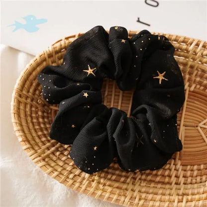 Gold Star Printed Chiffon Hair Scrunchies Elastic Band Hair Tie for Girls