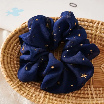 Gold Star Printed Chiffon Hair Scrunchies Elastic Band Hair Tie for Girls