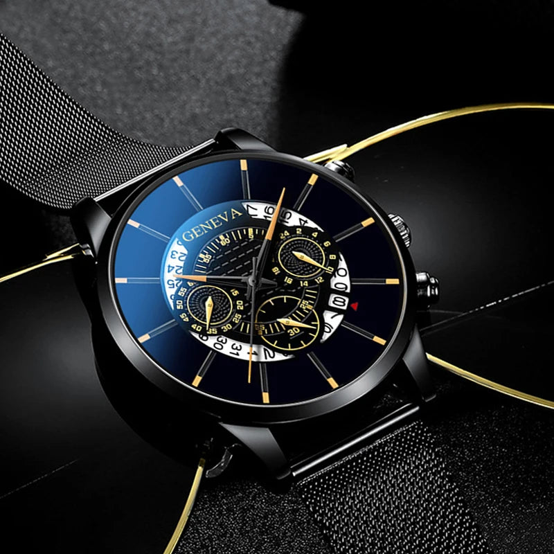 Montre calendrier bleue en acier inoxydable pour homme