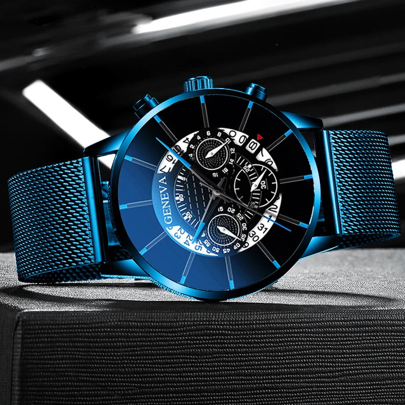 Montre calendrier bleue en acier inoxydable pour homme