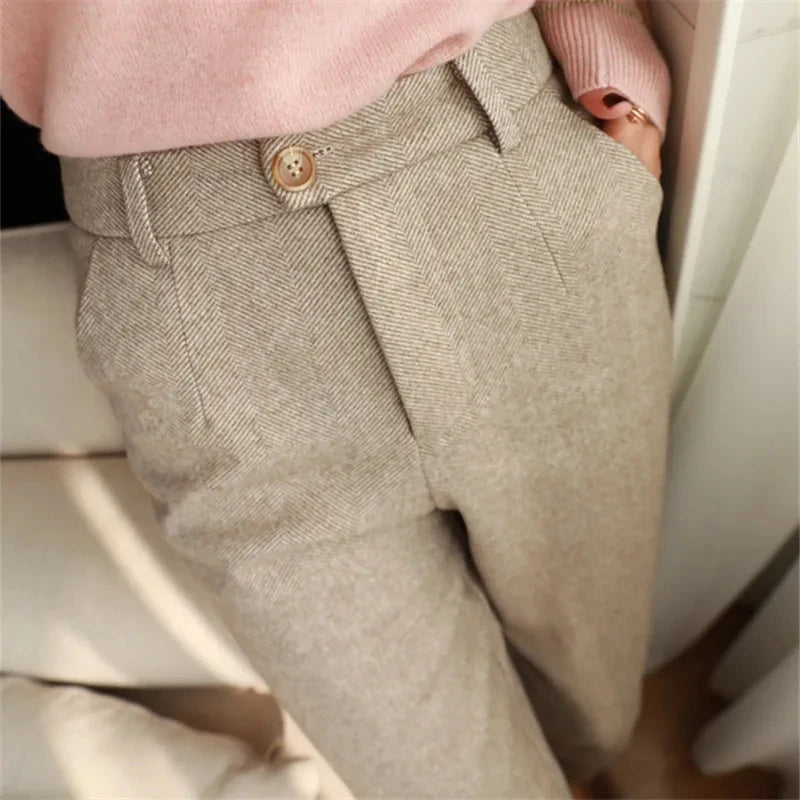 Women's High-Waisted Woolen Harem Pants - Casual Autumn/Winter Office Trousers