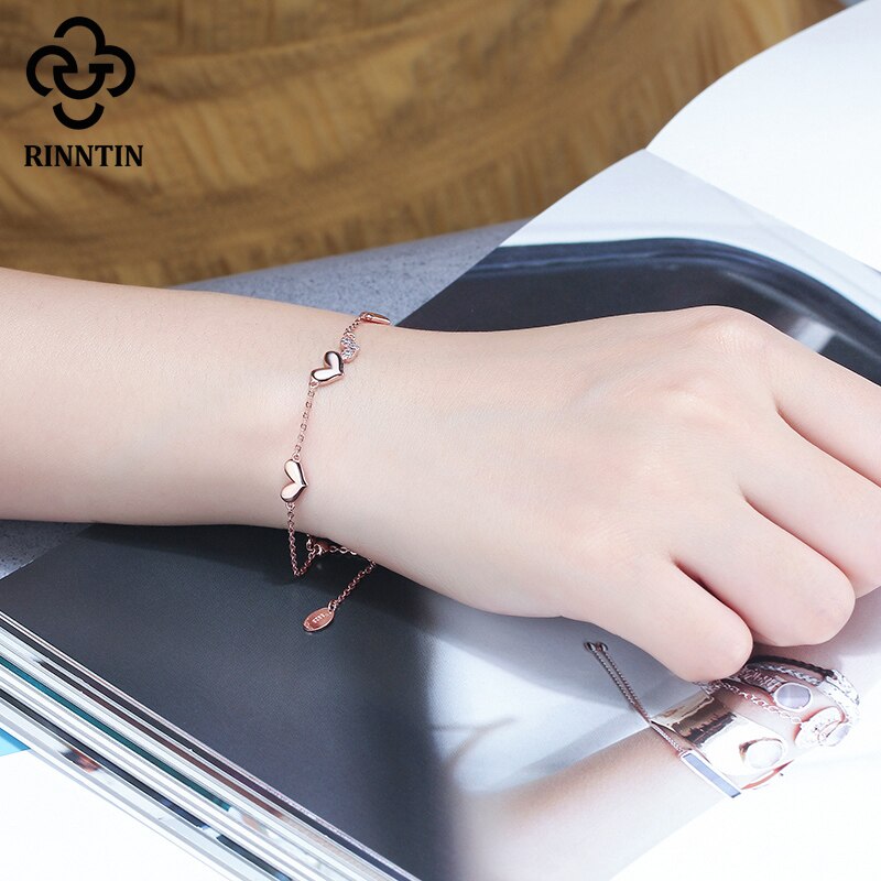 Rose Gold CZ Heart Bracelet - 925 Silver