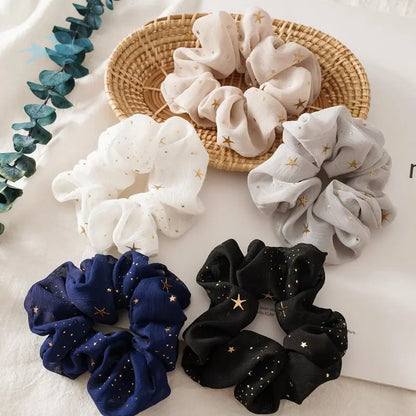 Gold Star Printed Chiffon Hair Scrunchies Elastic Band Hair Tie for Girls