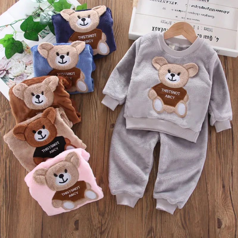 Kids Winter Flannel Fleece Pajama Set - Cartoon Bear