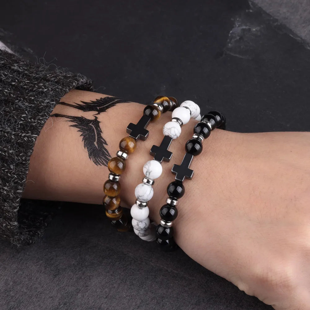 Steel Cross Bracelet with Lava Bead Charm