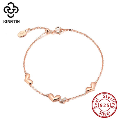 Rose Gold CZ Heart Bracelet - 925 Silver