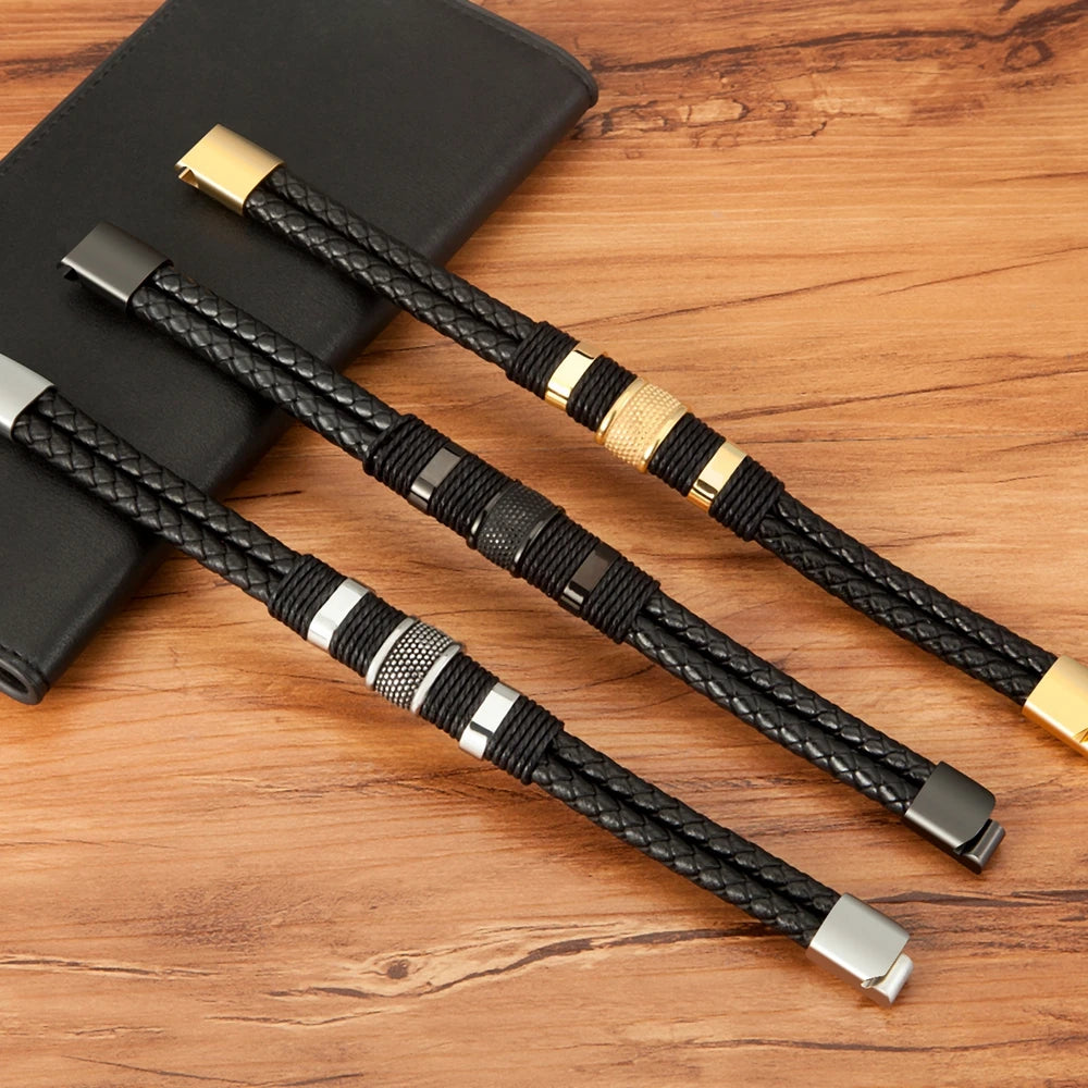 Stylish Double-Layer Woven Leather Bracelet for Men