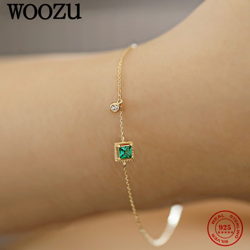 Green Zircon Square Bracelet - Elegant 925 Silver