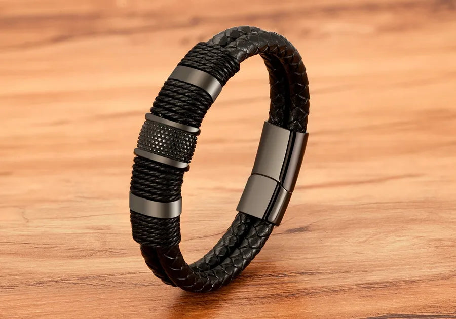 Stylish Double-Layer Woven Leather Bracelet for Men