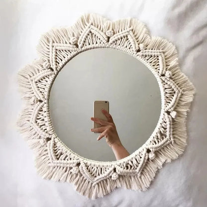 Miroir mural rond en macramé Boho