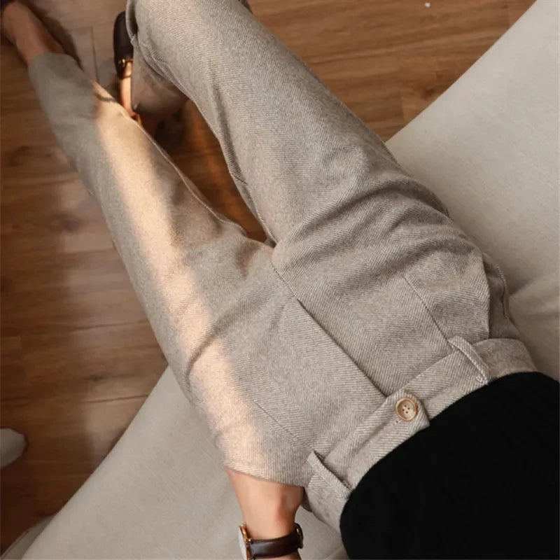 Women's High-Waisted Woolen Harem Pants - Casual Autumn/Winter Office Trousers