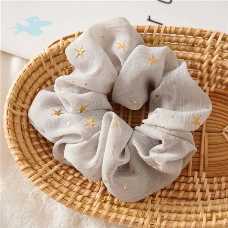 Gold Star Printed Chiffon Hair Scrunchies Elastic Band Hair Tie for Girls