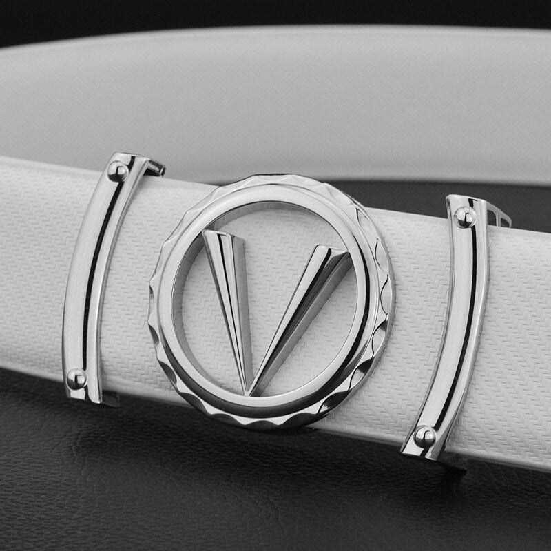 White Leather V-Buckle Belt - Stylish Men's Accessory