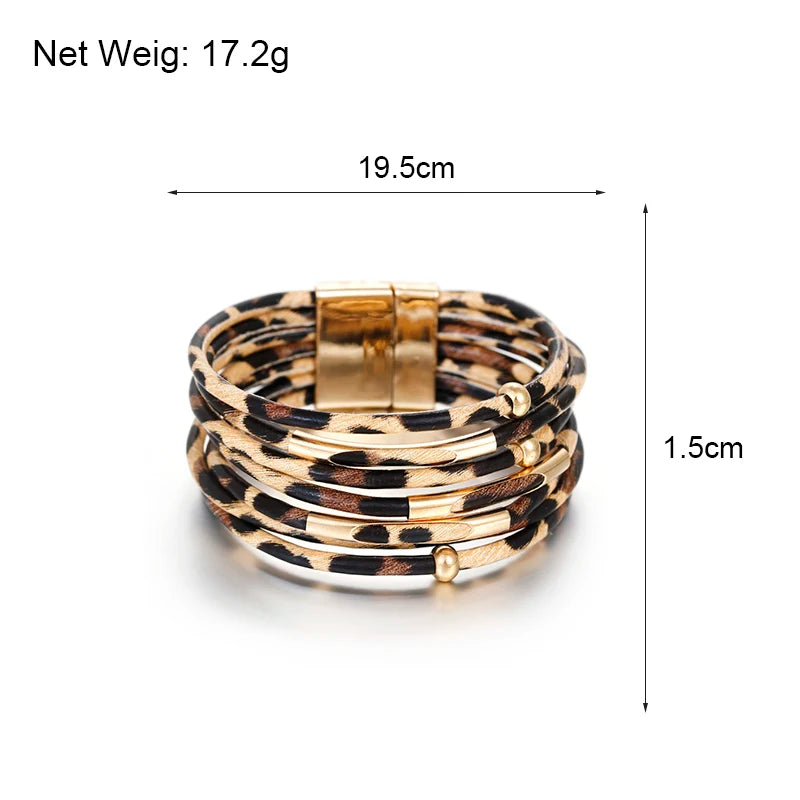 Leopard Leather Wrap Bracelet - Multilayer Metal Tube Charm