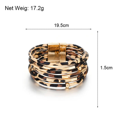 Leopard Leather Wrap Bracelet - Multilayer Metal Tube Charm