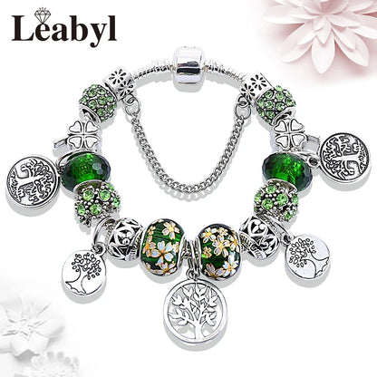 Bracelets de perles de cristal florales à feuilles vertes